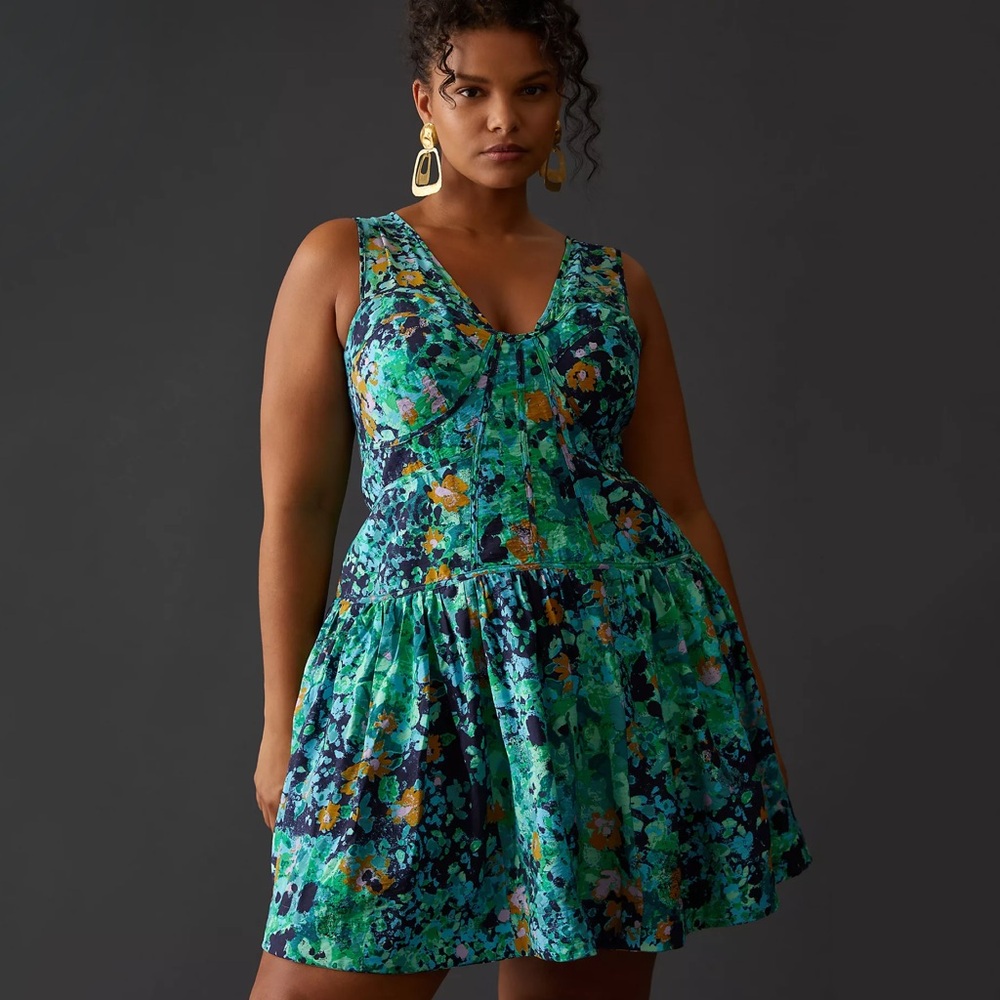 NWT Anthropologie Corset Mini Dress Size 14 Blue Green